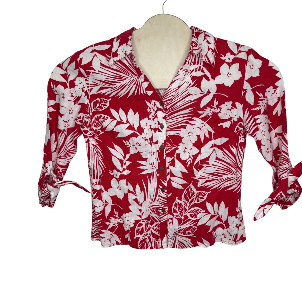 JM Collection Red White Tropical Floral 100% Linen Button Down Shirt Size 10